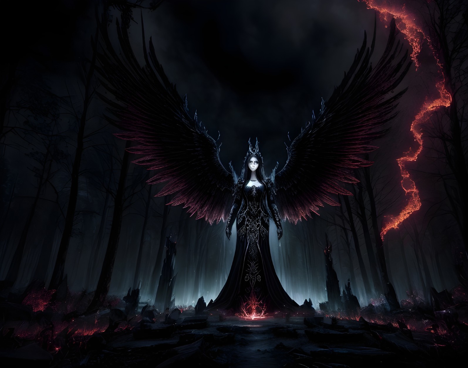 Majestic Figure with Black Wings in Dark Forest