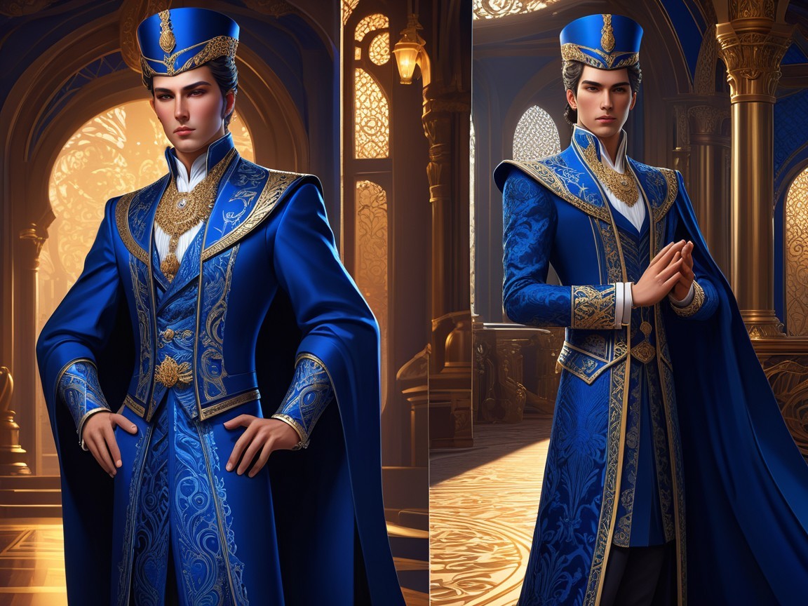 Regal Figure in Opulent Blue and Gold Attire