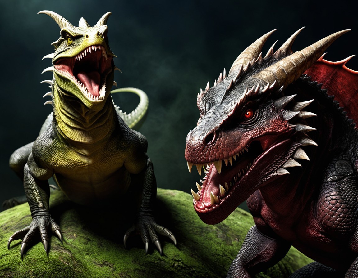 Dragons on Moss-Covered Rock in Misty Background