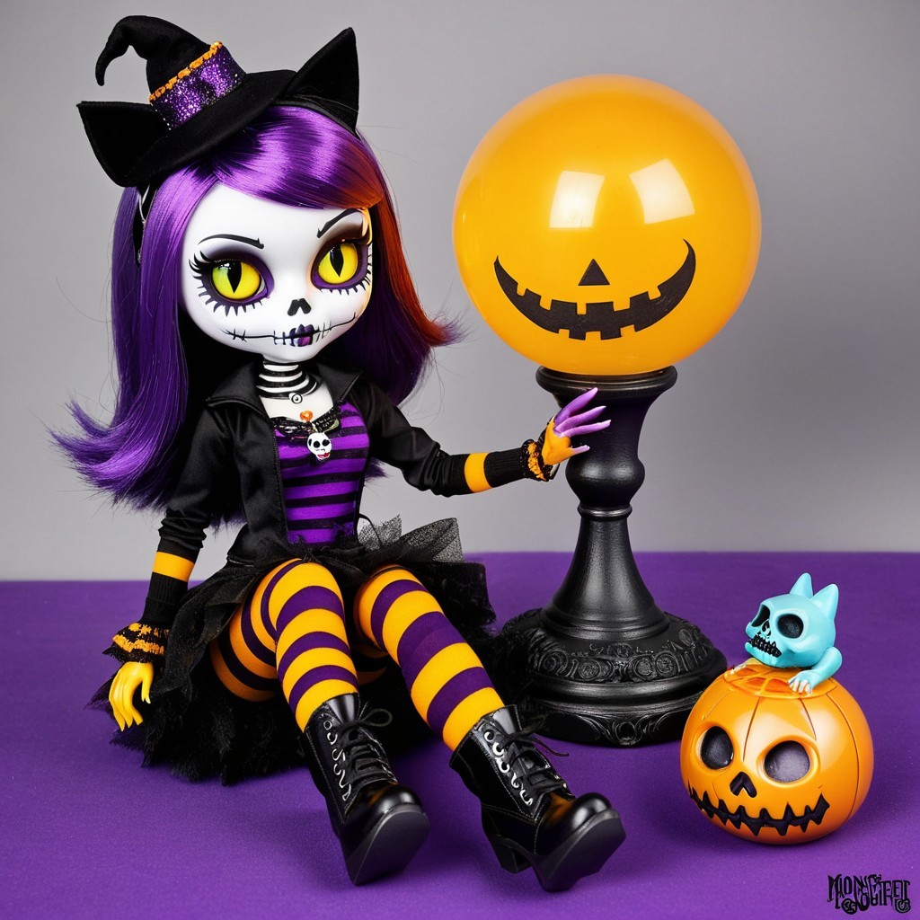 Stylized Halloween Doll with Witch Hat and Decor