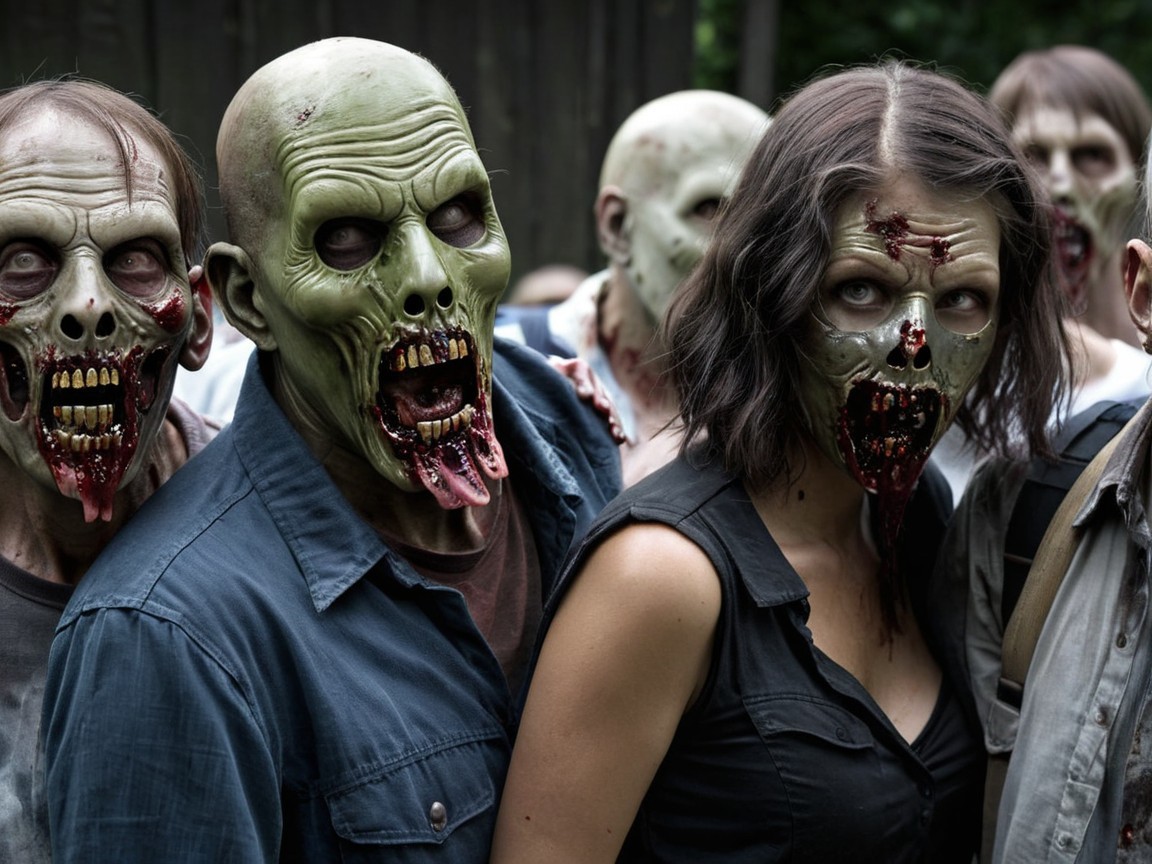 Grotesque Figures in Zombie Masks in Dim Lighting