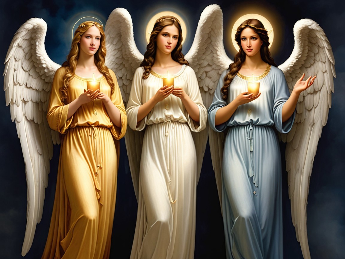 Ethereal Angels in Flowing Robes Against Dark Backdrop