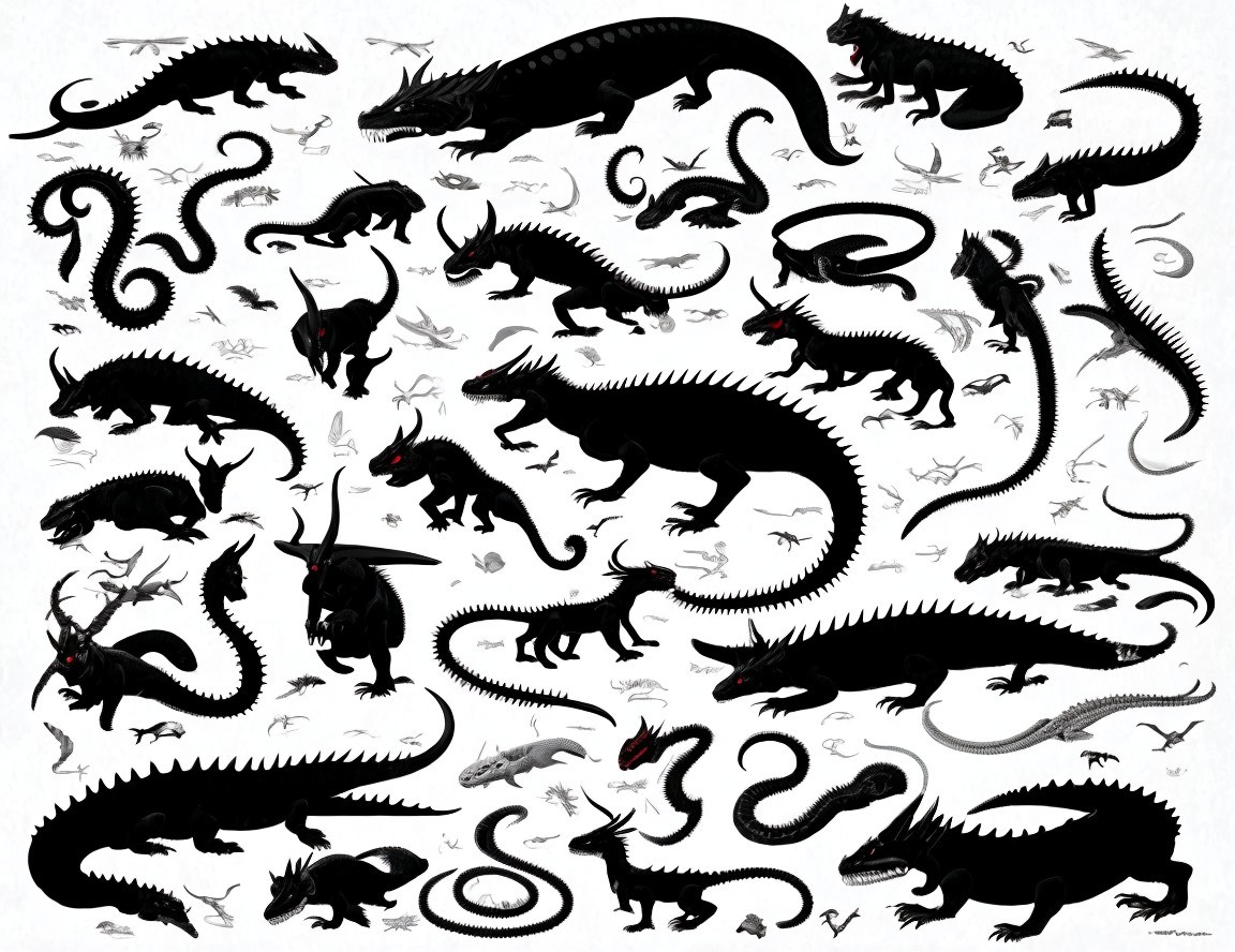 Collection of Mythical Creatures in Black Silhouettes