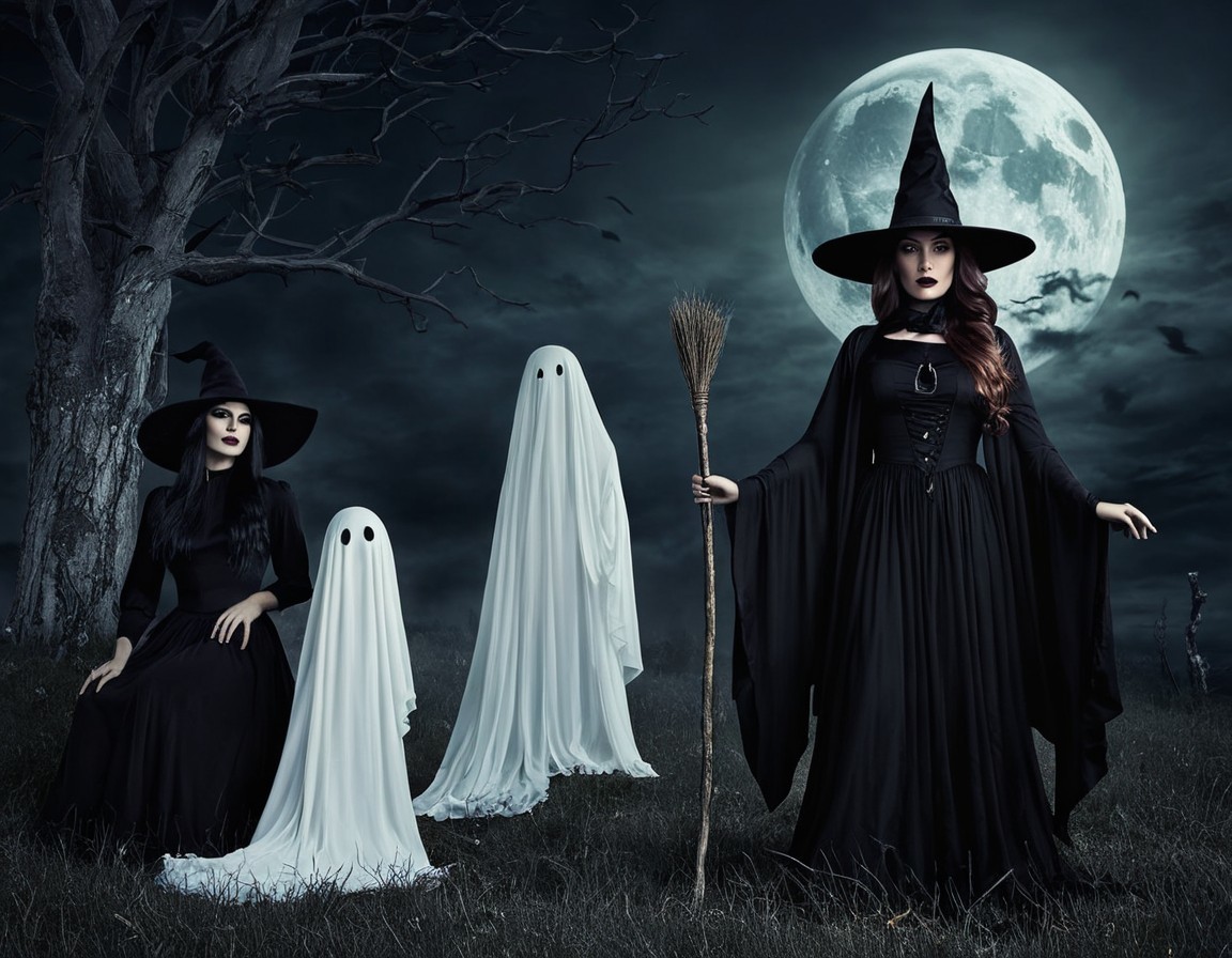 Witches and Ghosts in a Moonlit Spooky Setting