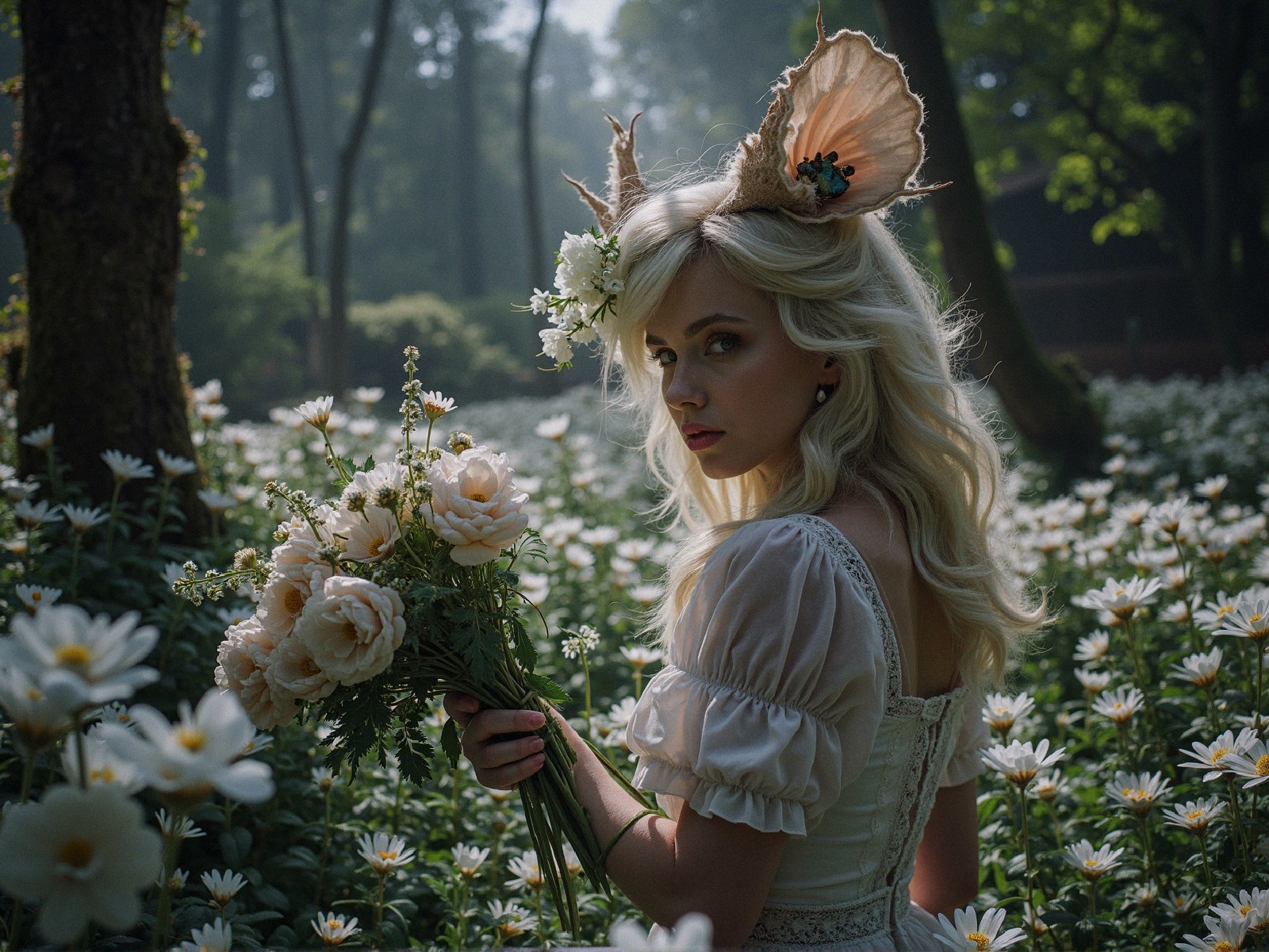 Whimsical Young Woman in Sunlit Flower Meadow