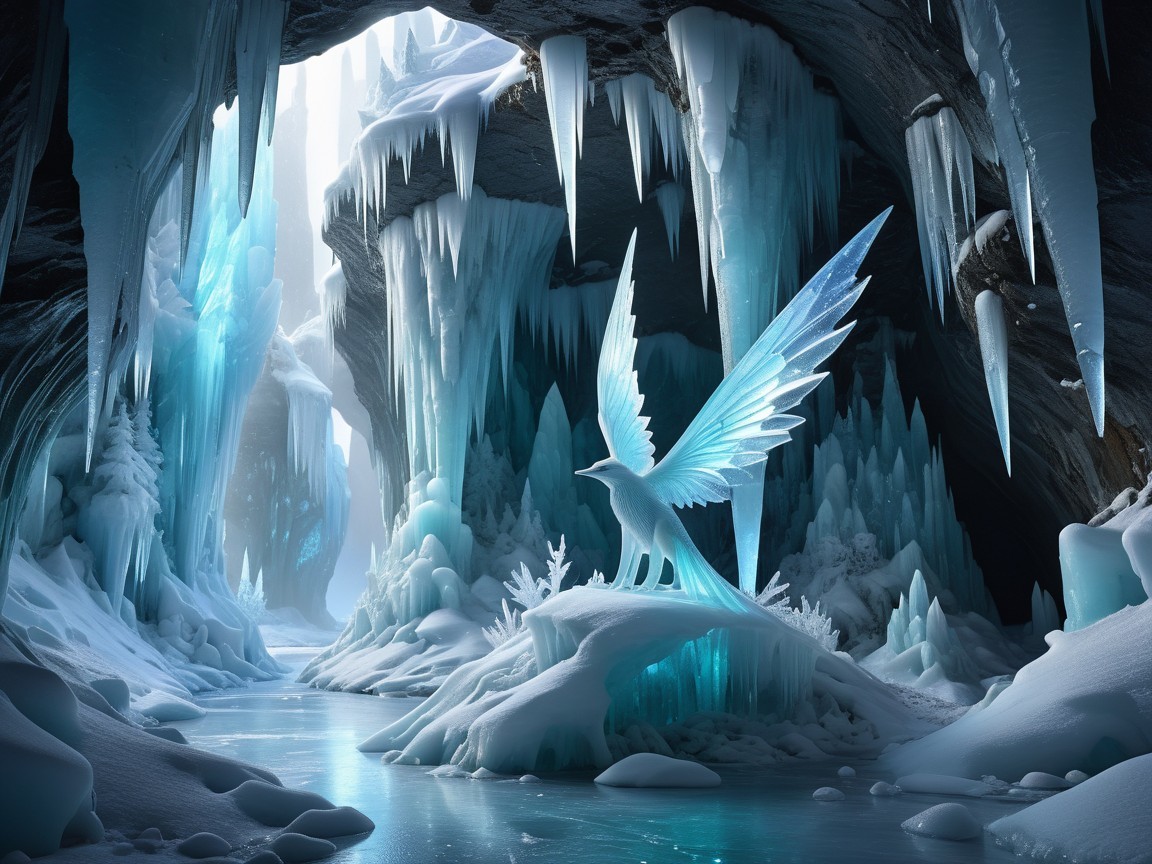 Fantastical Ice Cave with Luminous Ice Bird and Icicles