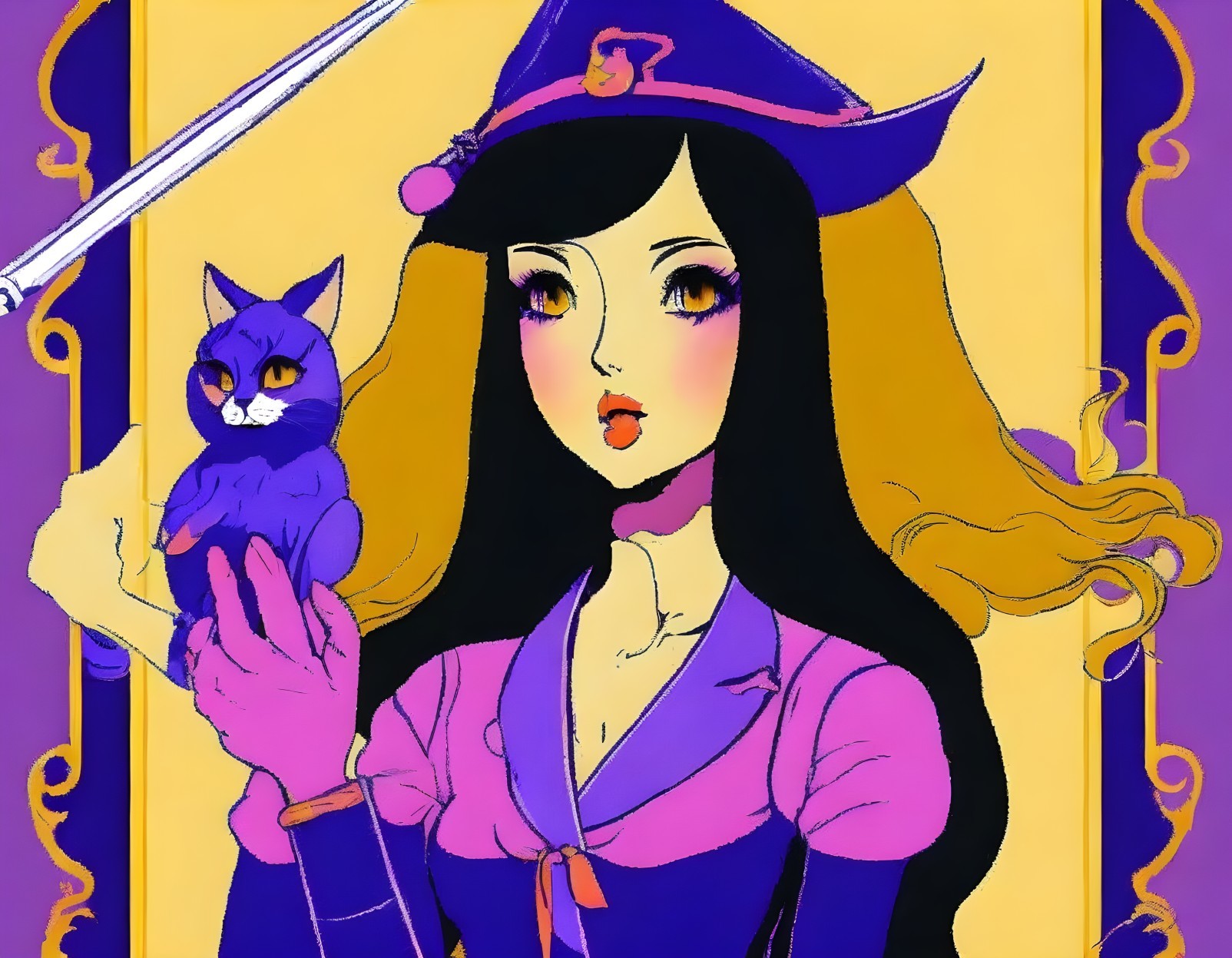 Whimsical character in vibrant purple with blue cat