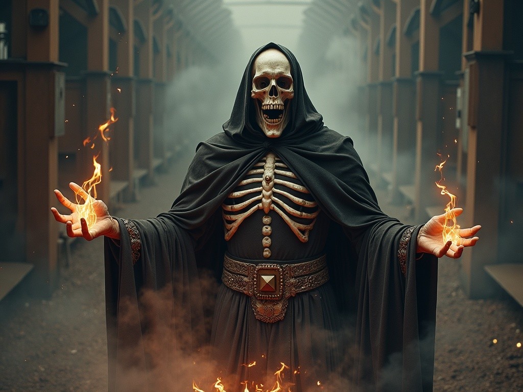 Skeletal Figure in Dark Robes with Flames in Hands