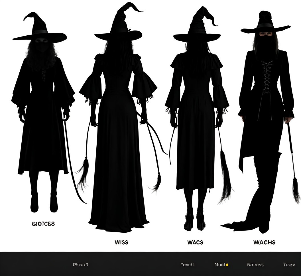 Four Shadowy Figures of Witches in Black Gowns