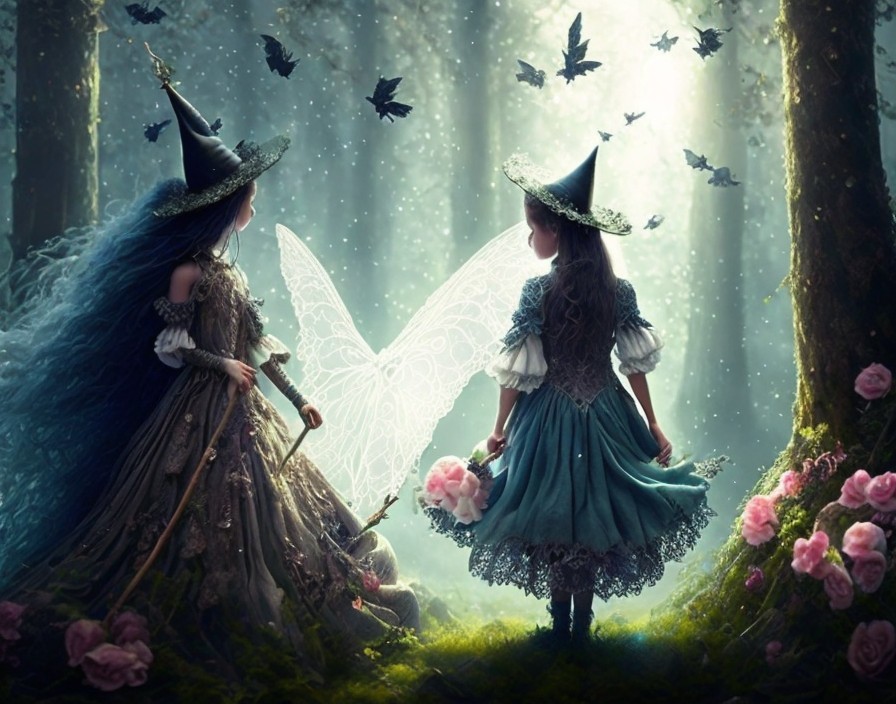 Enchanting Figures in a Mystical Forest Setting