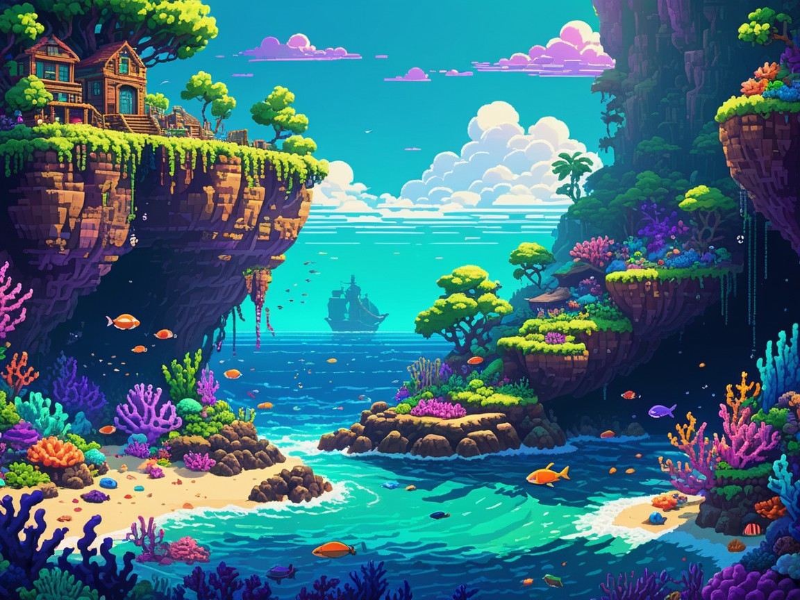 Vibrant Pixel-Art Landscape with Coral Reefs and House