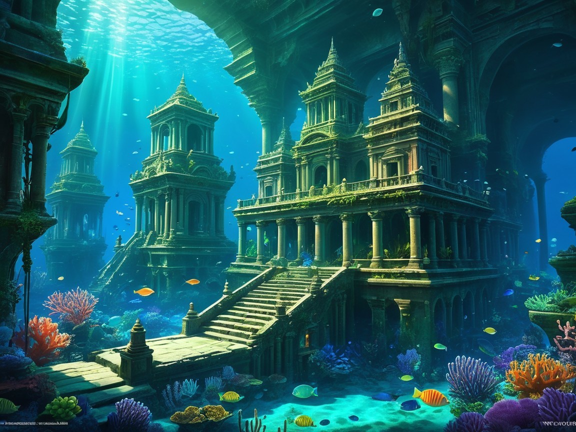 Underwater Scene with Ancient Ruins and Coral Reefs
