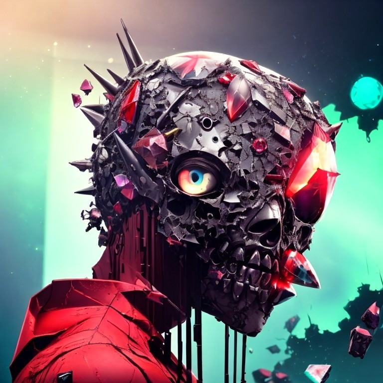 Futuristic humanoid figure with abstract skull design