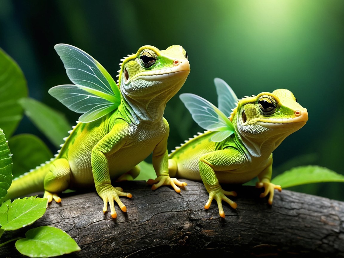 Vibrant Green Lizards with Translucent Wings on Branch