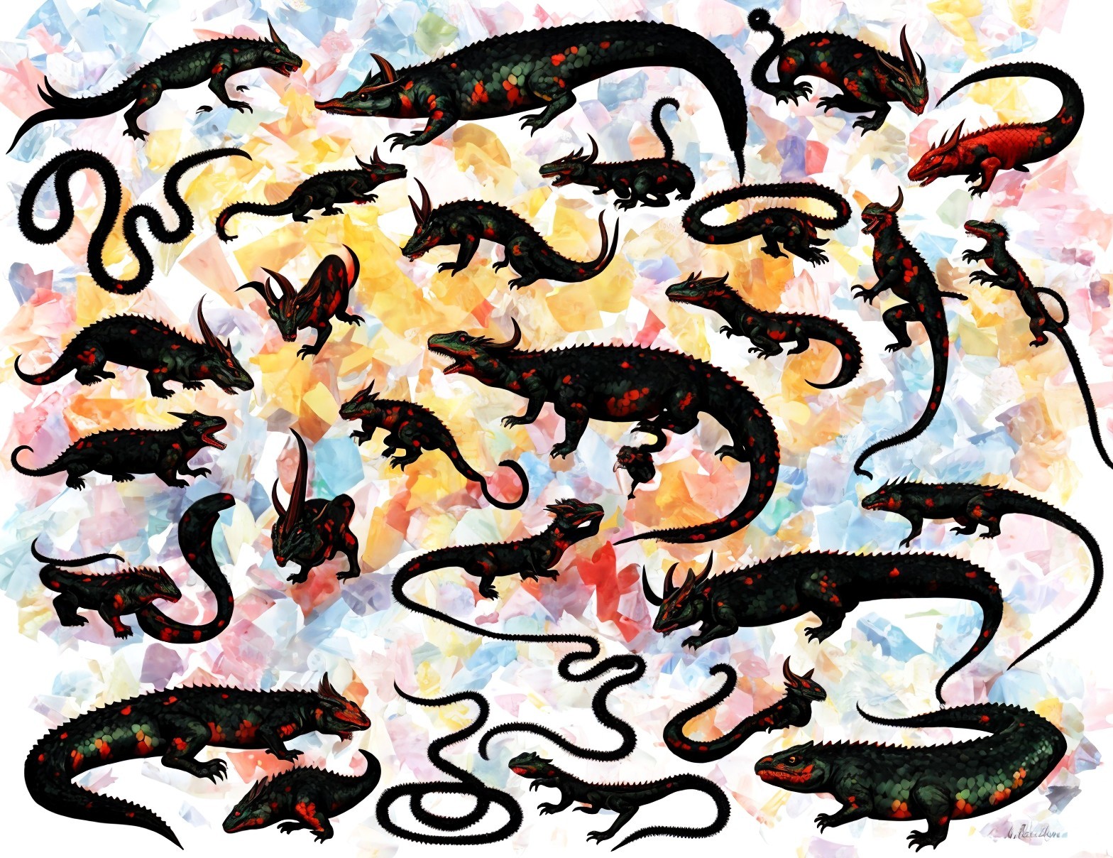Vibrant Silhouettes of Lizards and Snakes on Abstract Background