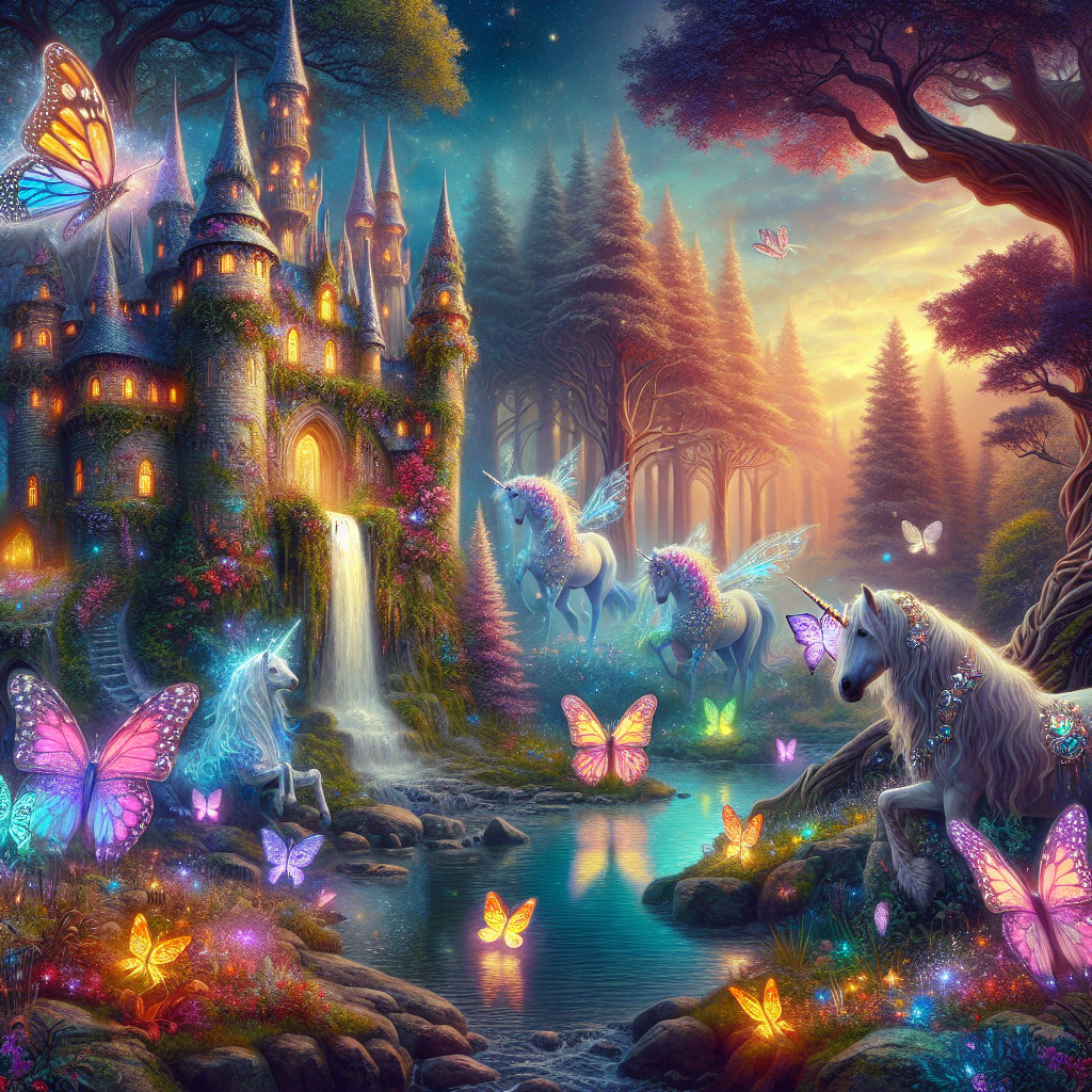 Magical Fantasy Landscape with Castle and Unicorns