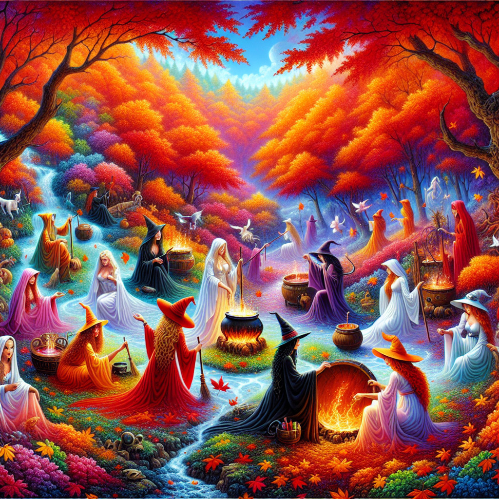 Enchanted forest scene with witches and potions