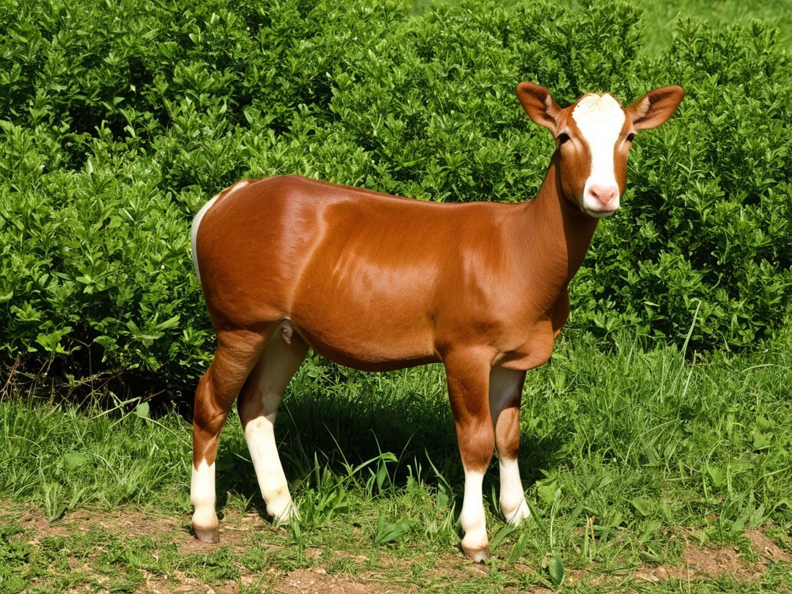 Young Brown Calf in Lush Green Field Landscape