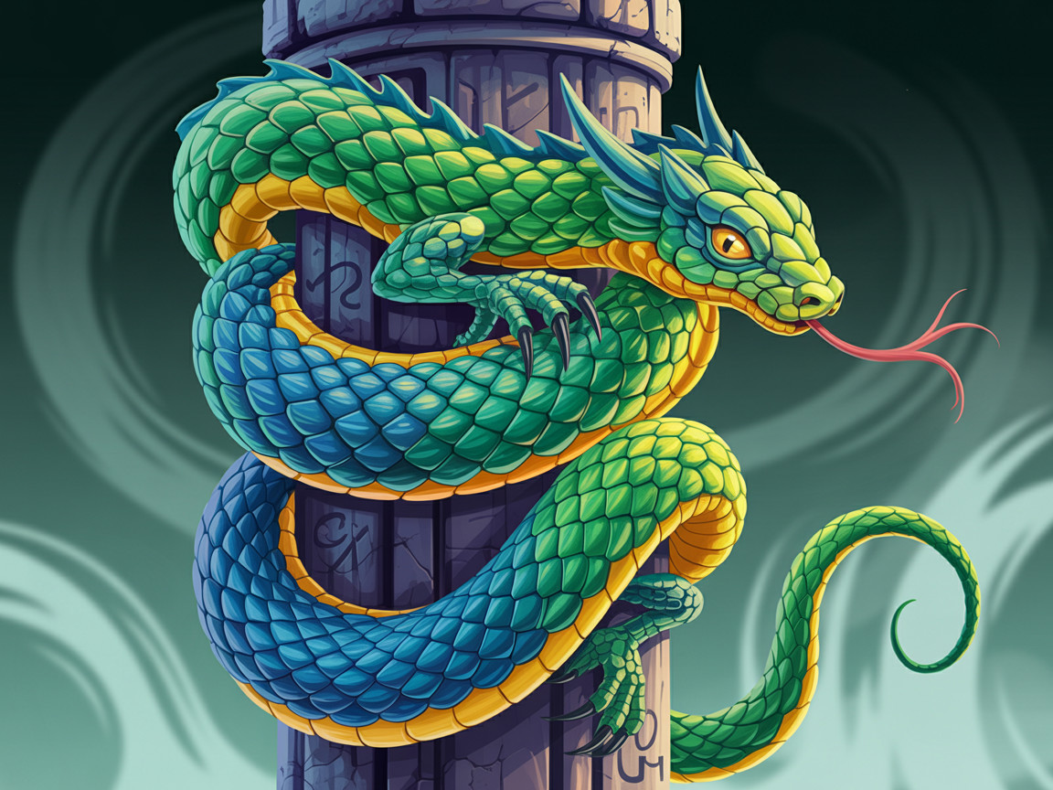 Stylized Dragon Coiled Around Ancient Stone Pillar