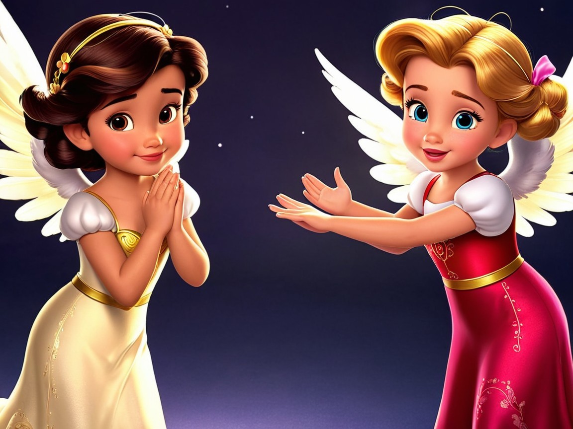 Young girls with wings in a starry night scene