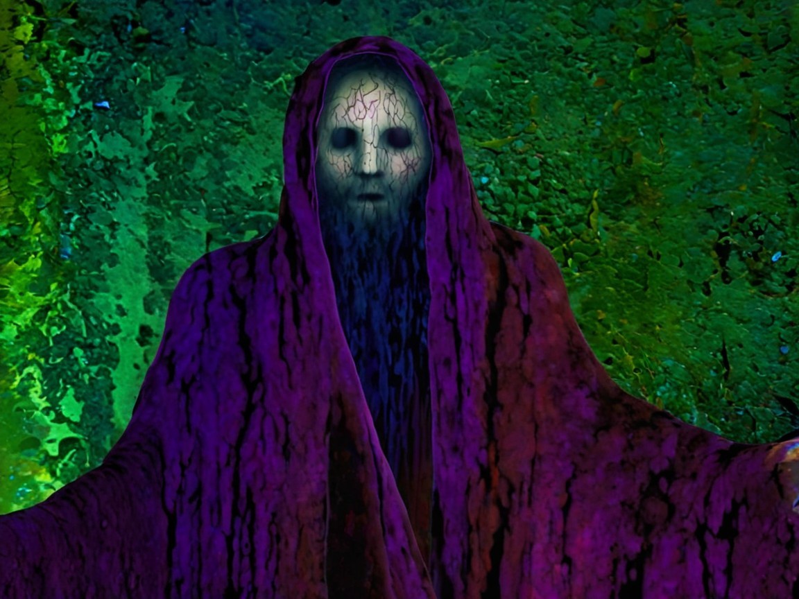 Mysterious figure in purple robe against abstract backdrop