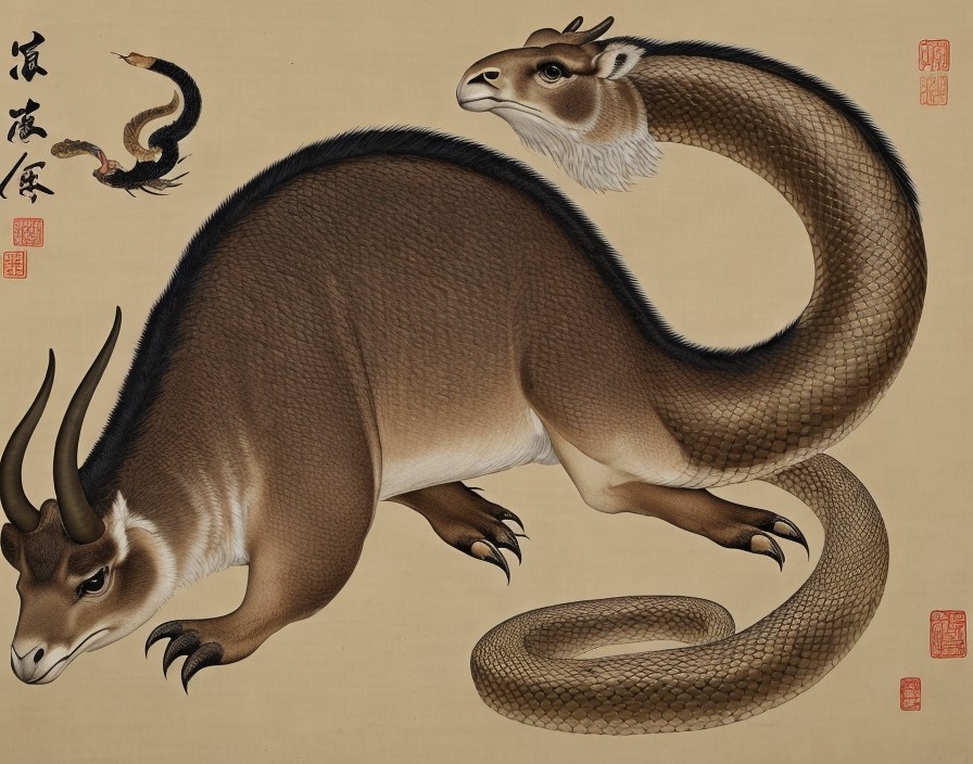 Fantastical Creature with Deer Body and Serpentine Tail