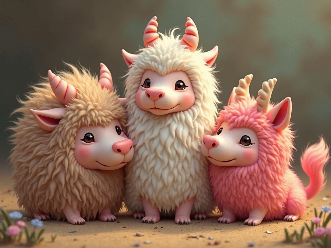 Three Cartoonish Fluffy Goat-Like Creatures in Colorful Setting