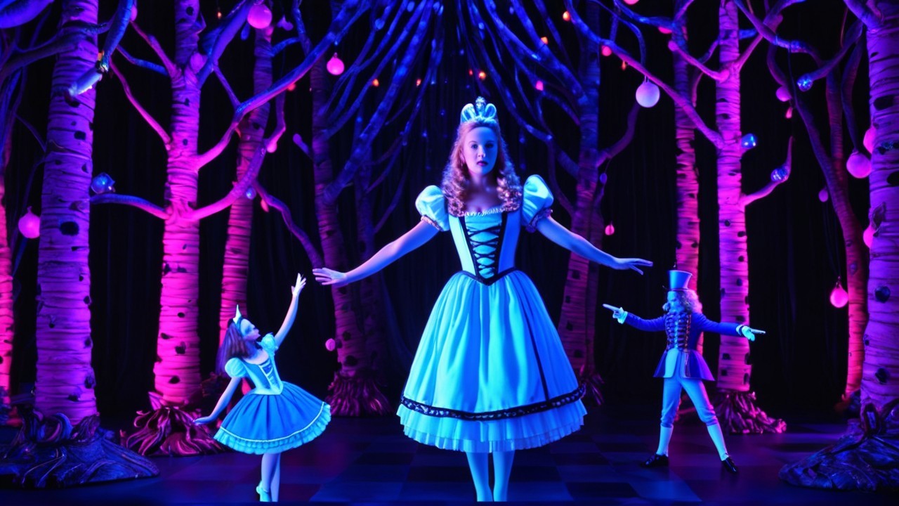 Whimsical Stage Scene with Alice and Surreal Trees