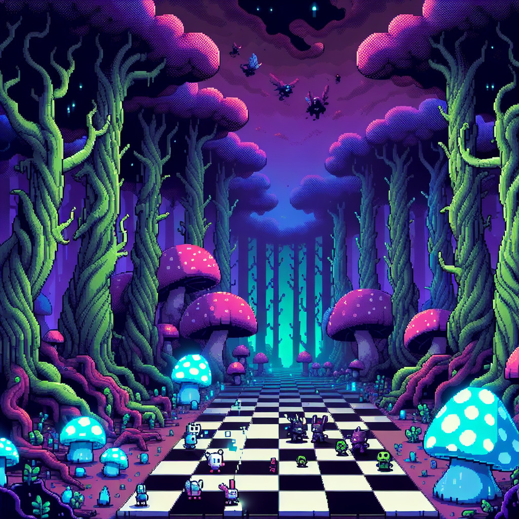 Vibrant Pixel Art Forest with Colorful Mushrooms