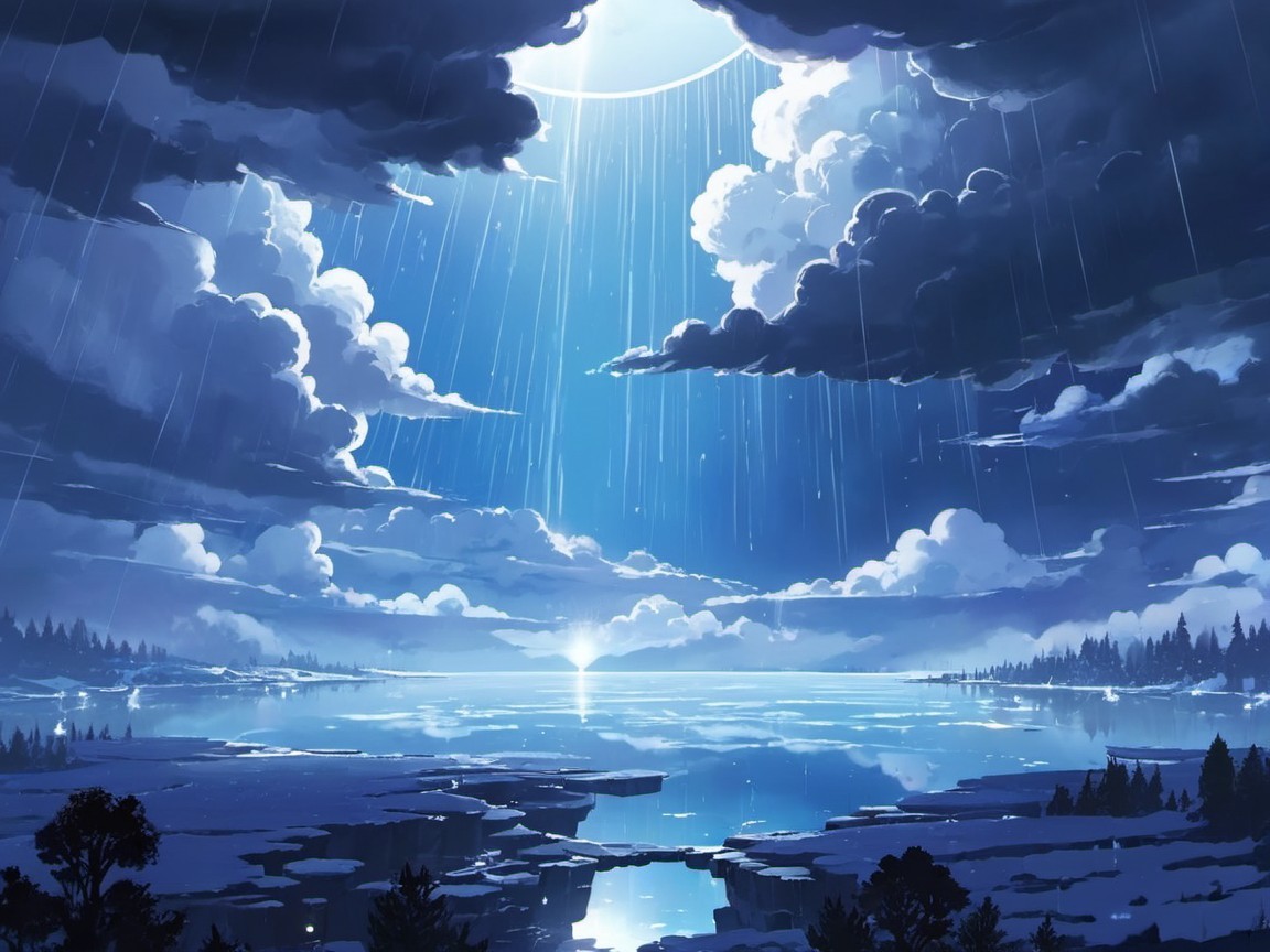 Serene Landscape with Dramatic Sky and Rainfall