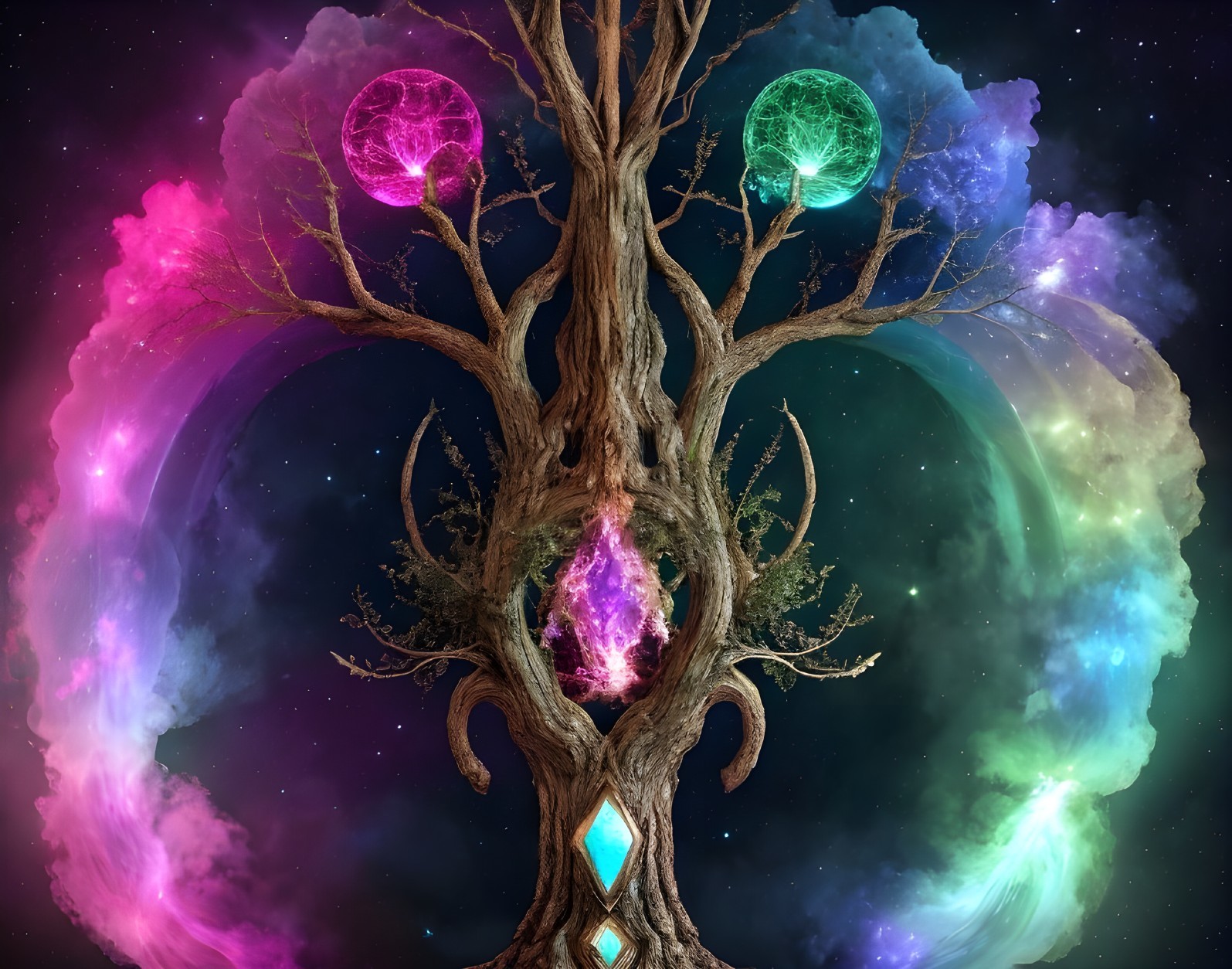 Majestic tree with glowing spheres and cosmic clouds