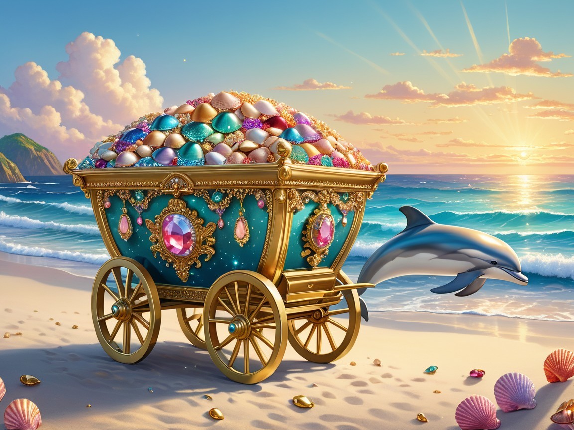 Colorful Seashells and Jewels on a Beach Cart