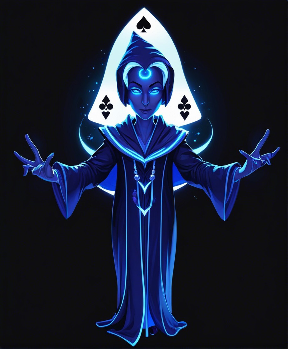 Mystical Figure in Blue Robe with Glowing Patterns