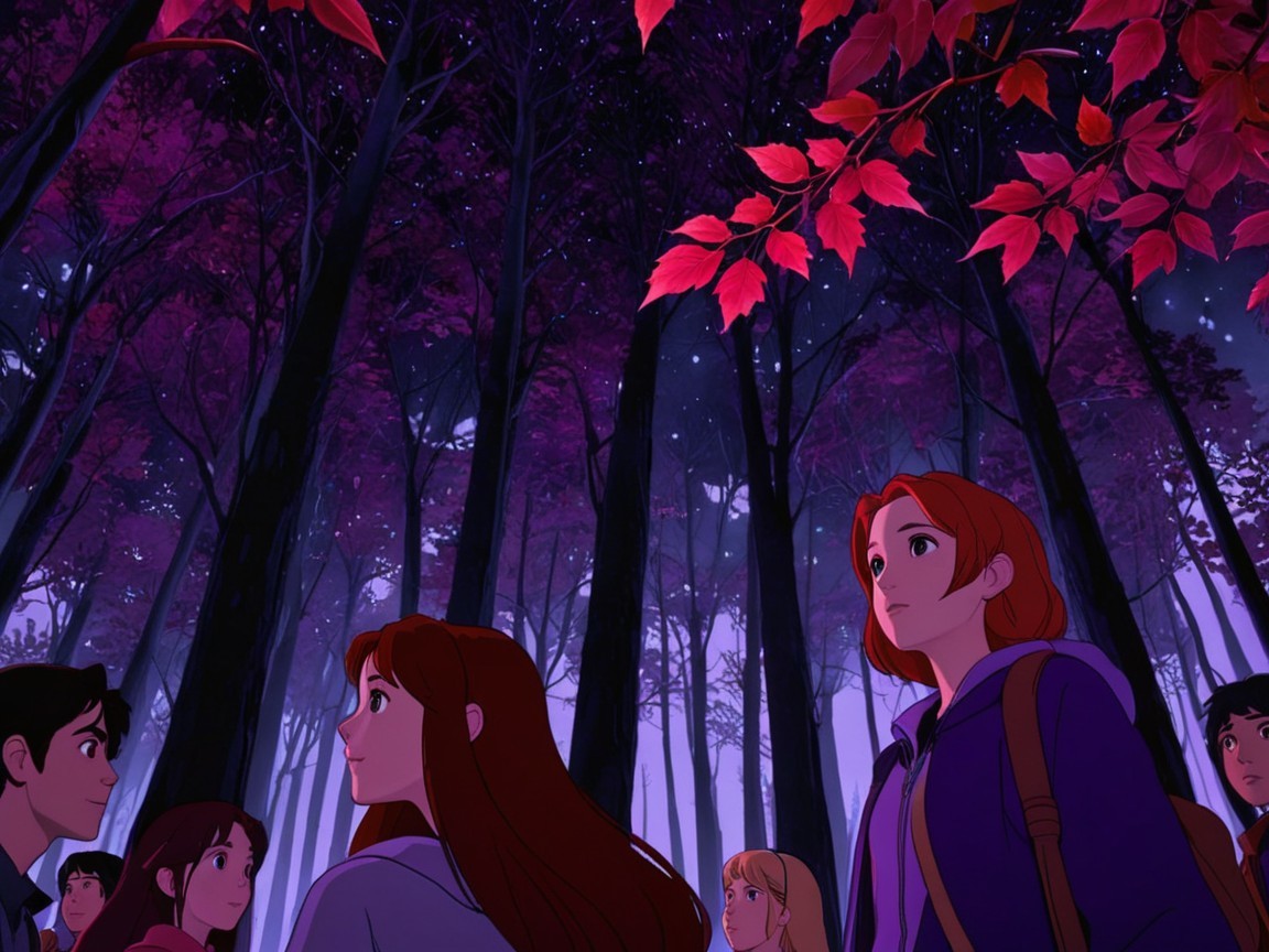 Young People in a Mystical Purple-Hued Forest