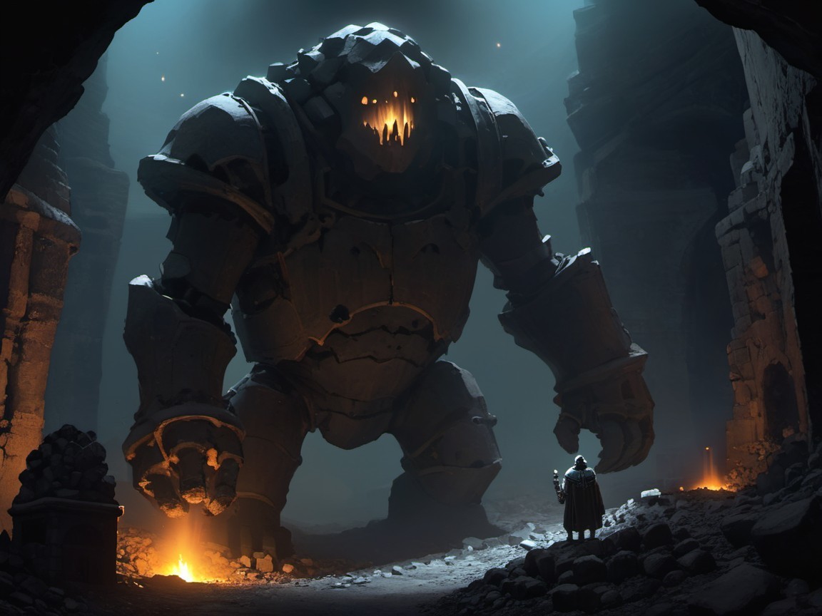 Colossal Stone Golem in Dimly Lit Cavern Scene