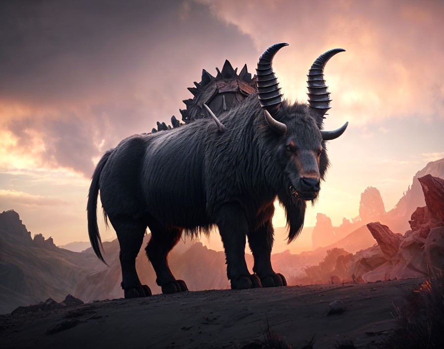 Majestic Creature in Surreal Landscape at Sunset