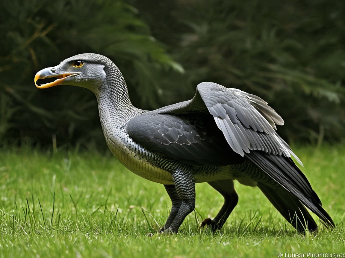 Gray Bird with Yellow-Orange Beak in Lush Foliage