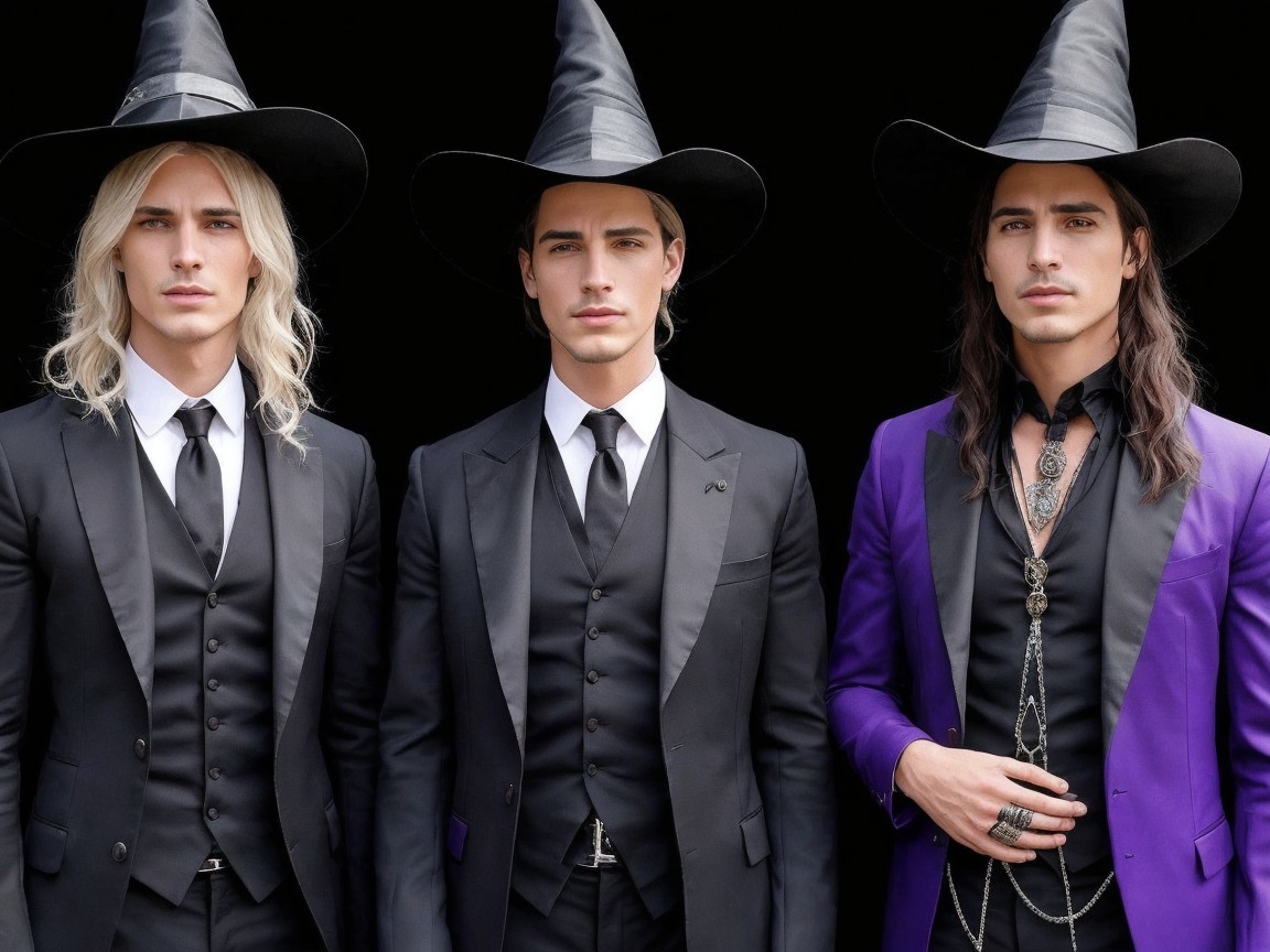 Stylish Young Men in Suits and Witch Hats