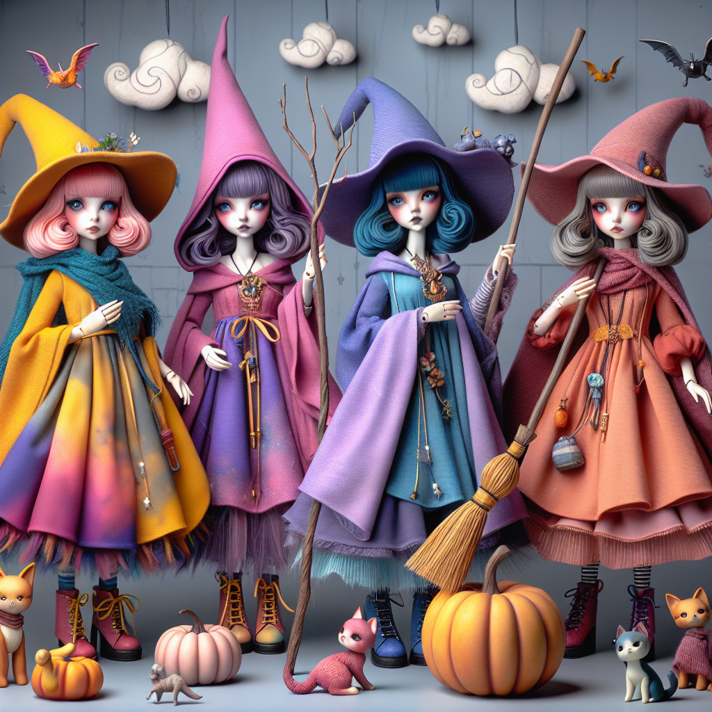 Whimsical Dolls in Colorful Witch Costumes Scene