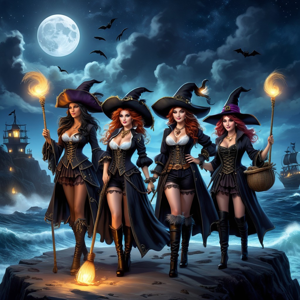 Enchanting Witches on a Rocky Shore Under Full Moon