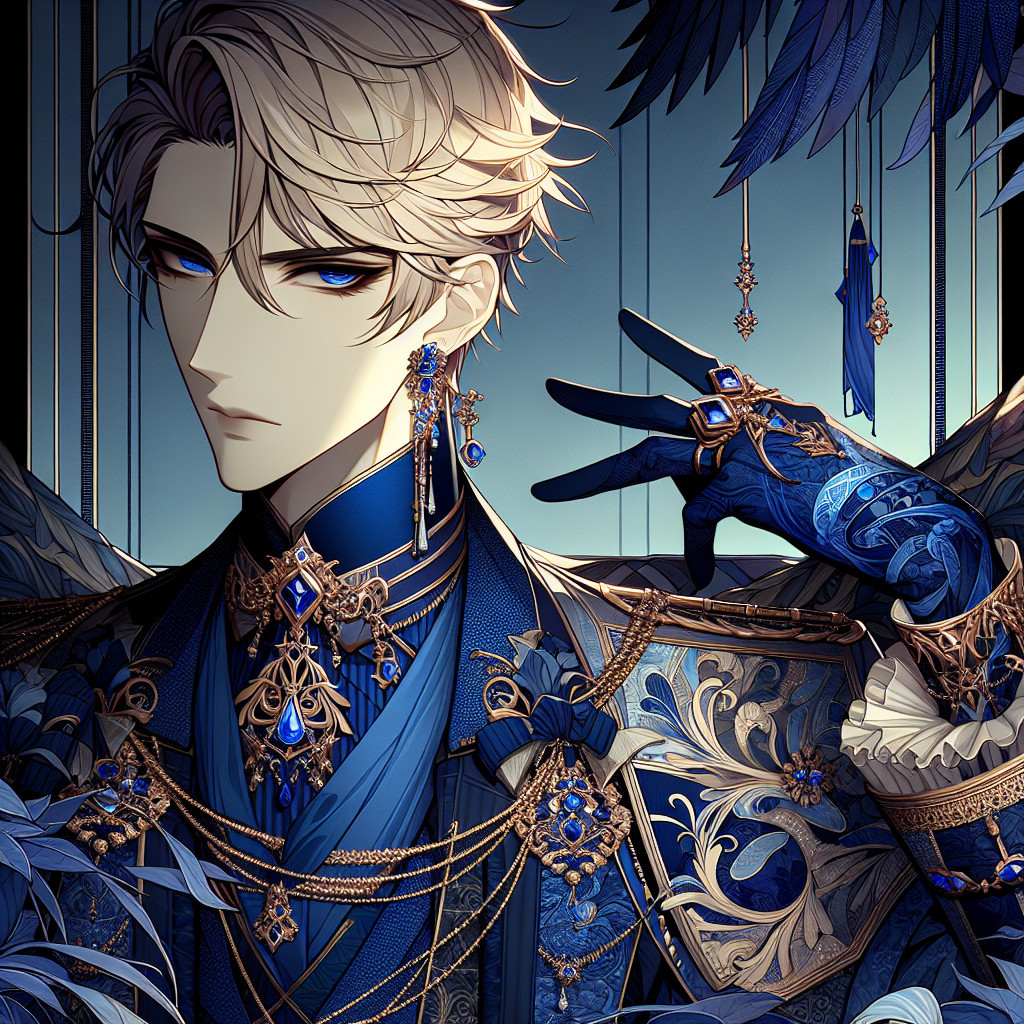 Elegant Character in Lavish Blue and Gold Ensemble