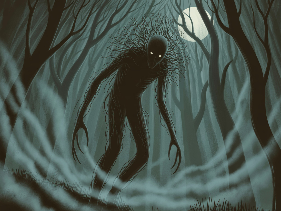 Tall, slender figure in a shadowy forest setting