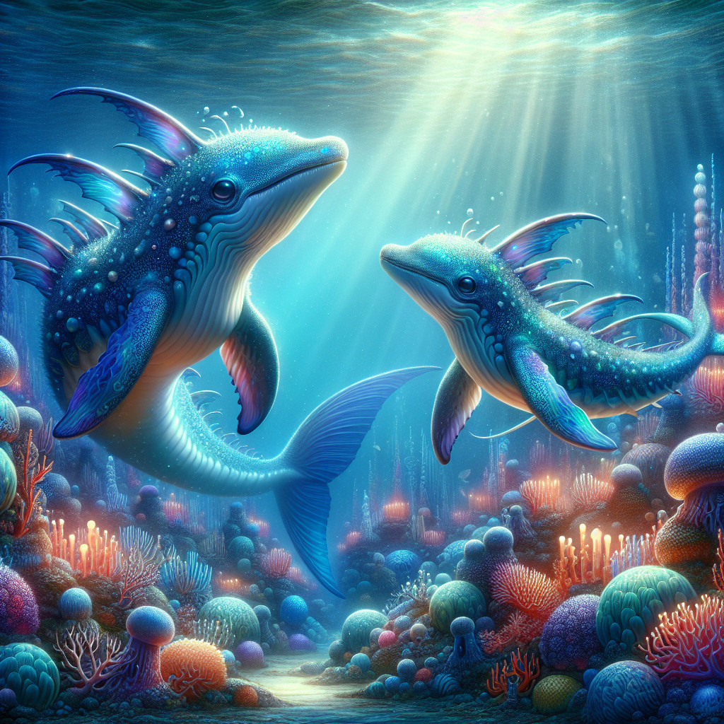 Vibrant Underwater Scene with Colorful Dolphins and Coral