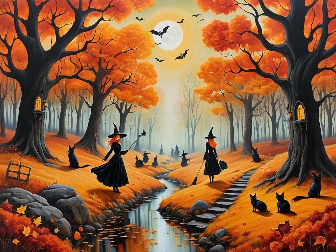 Witches Strolling in an Autumn Landscape at Night