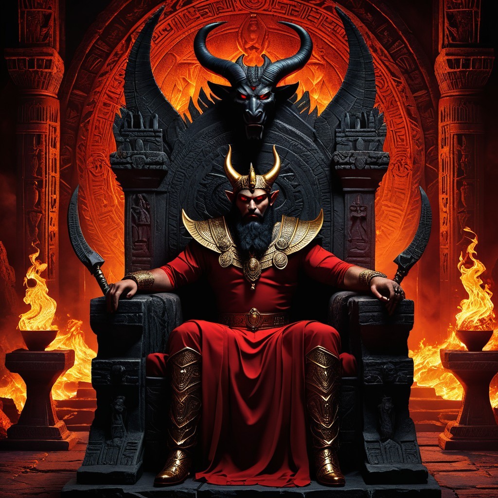 Regal Figure on Ornate Throne with Fiery Background