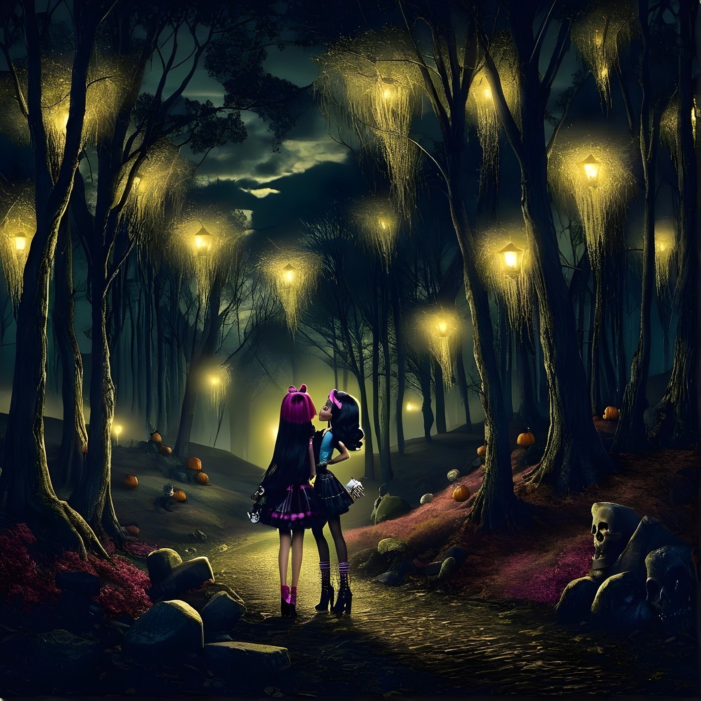 Gothic Figures in a Mystical Moonlit Forest Setting