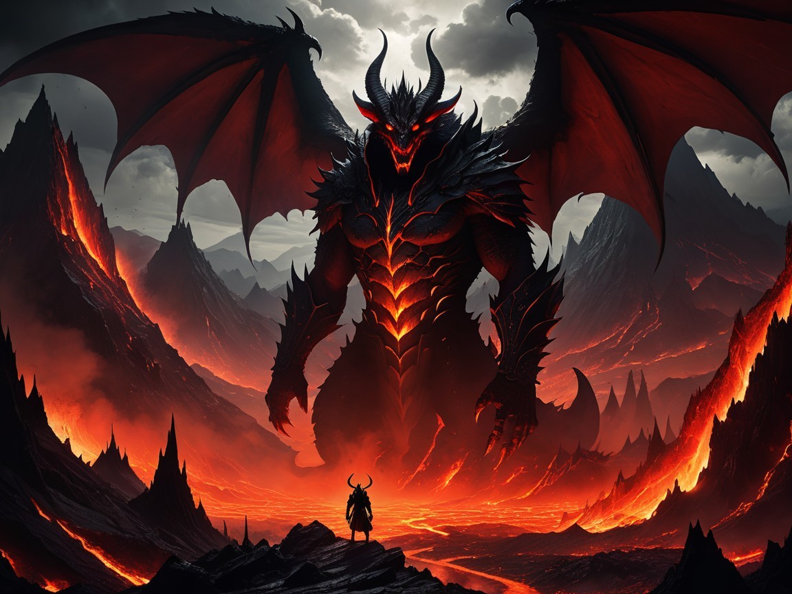 Colossal Dragon Against Lava Mountains with Ominous Sky
