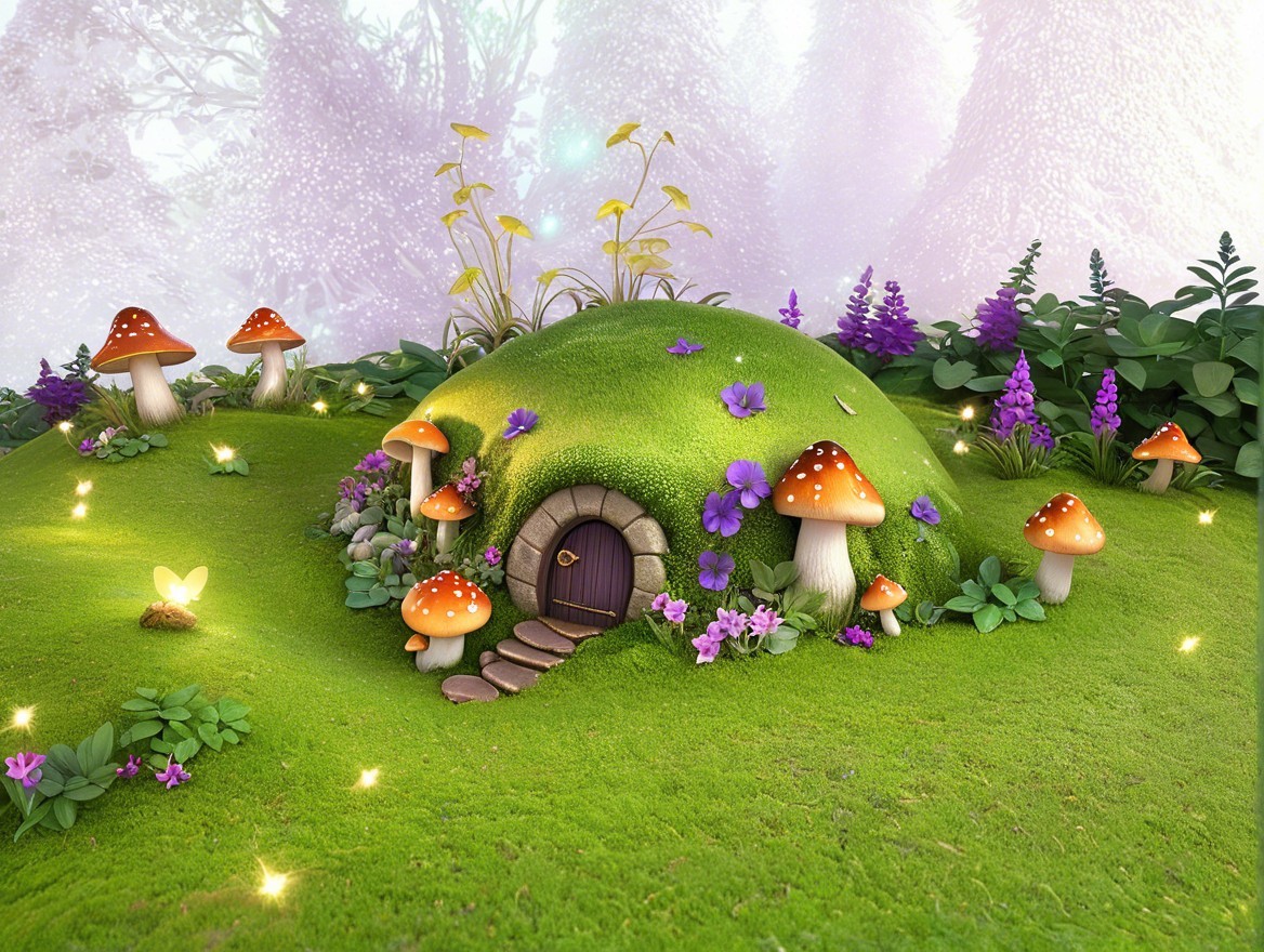 Charming Hill with Round Door and Colorful Wildflowers