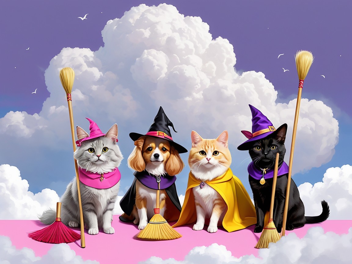 Whimsical Pets in Colorful Witch Costumes on Cloud