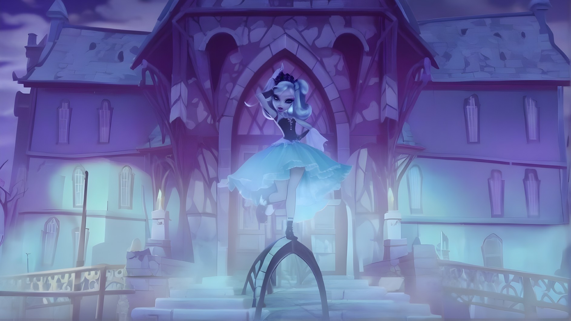 Whimsical Figure in Blue Dress by Gothic Mansion